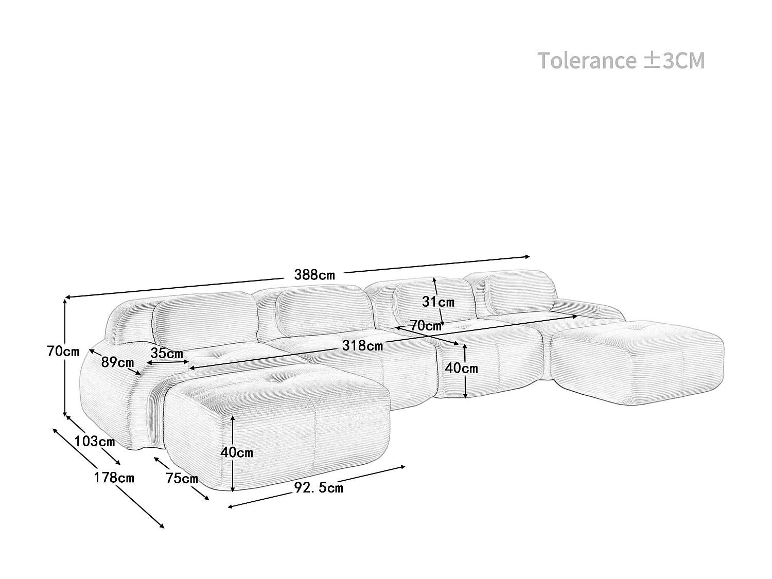 Grand canapé d'angle modulable 388cm - en Velours côtelé - avec 4 oreillers et  2 pouf - ergonomique - Beige