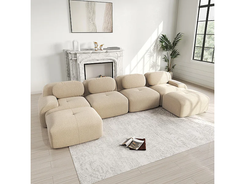 Grand canapé d'angle modulable 388cm - en Velours côtelé - avec 4 oreillers et  2 pouf - ergonomique - Beige