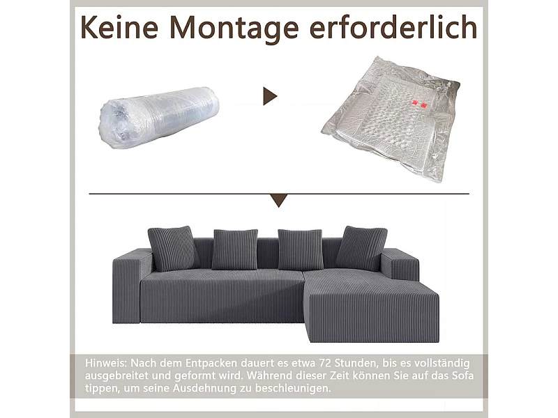 Grote modulaire rechte hoekbank, van ribfluweel, met 4 kussens, geen montage nodig, 261x146x65cm, Grijs