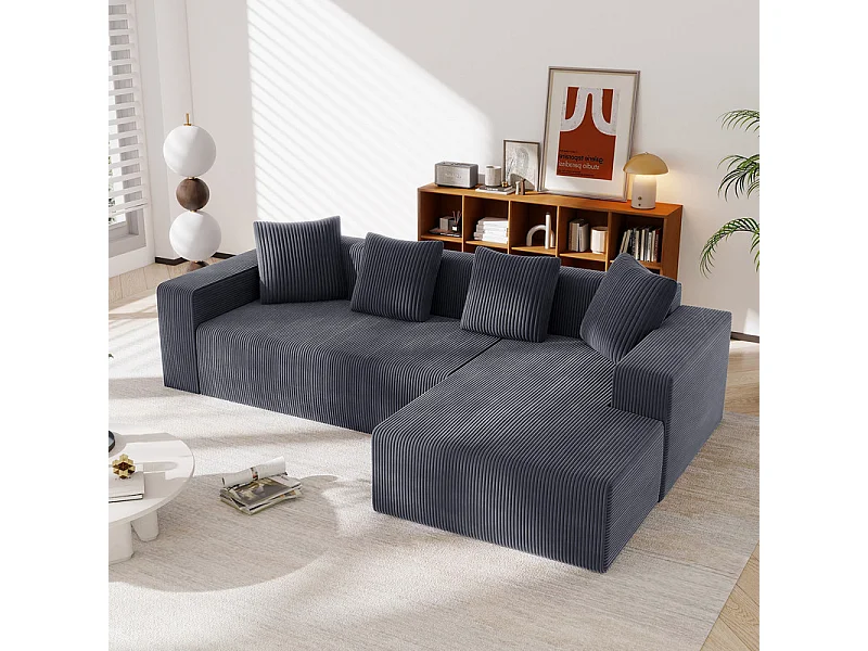 Grote modulaire rechte hoekbank, van ribfluweel, met 4 kussens, geen montage nodig, 261x146x65cm, Grijs