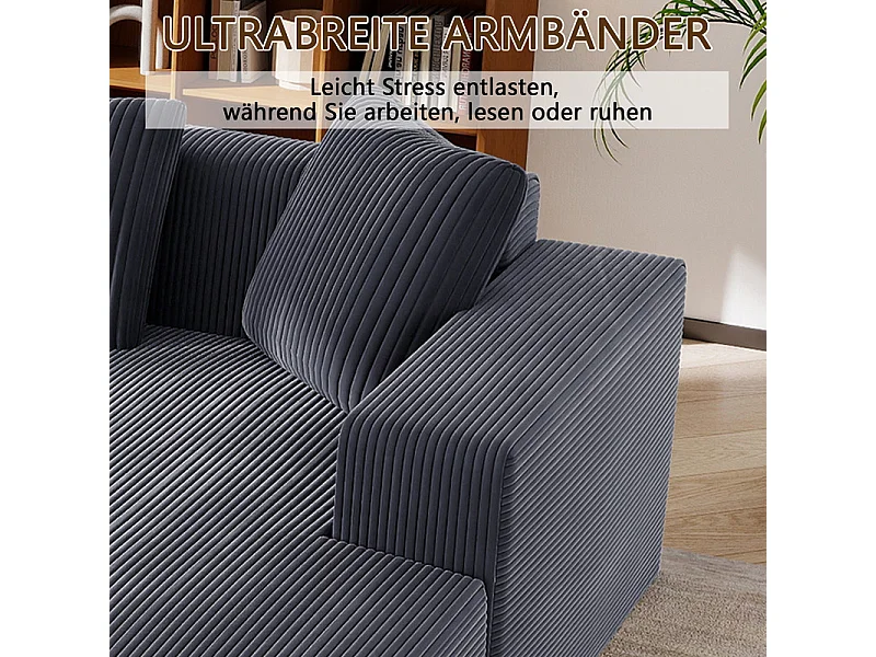 Grote modulaire rechte hoekbank, van ribfluweel, met 4 kussens, geen montage nodig, 261x146x65cm, Grijs