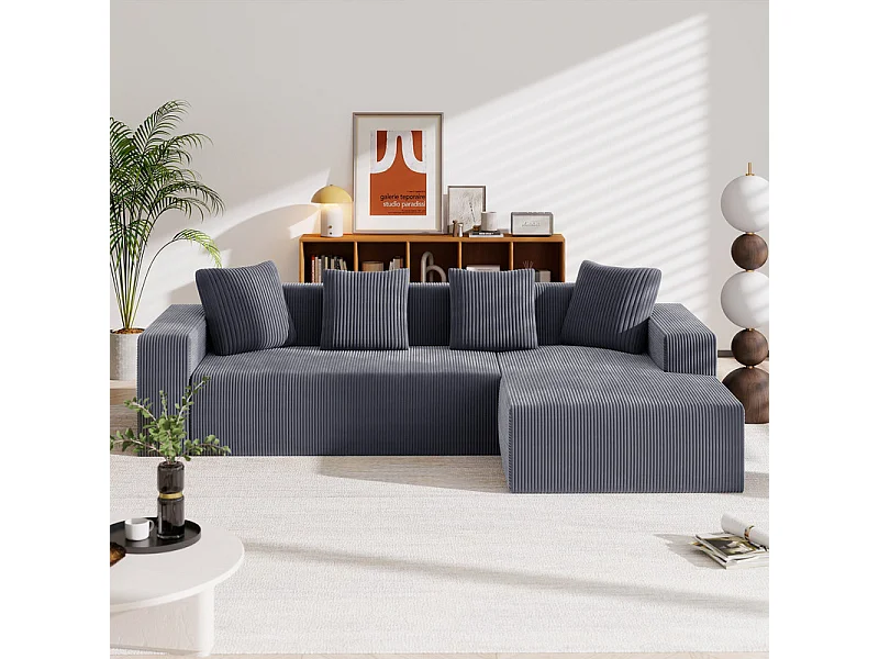 Grote modulaire rechte hoekbank, van ribfluweel, met 4 kussens, geen montage nodig, 261x146x65cm, Grijs