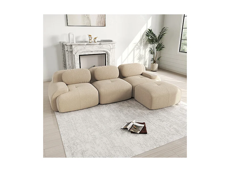 Canapé 3 places d'angle modulable - en Velours côtelé - avec 3 oreillers et pouf - 298x178x75cm - Beige
