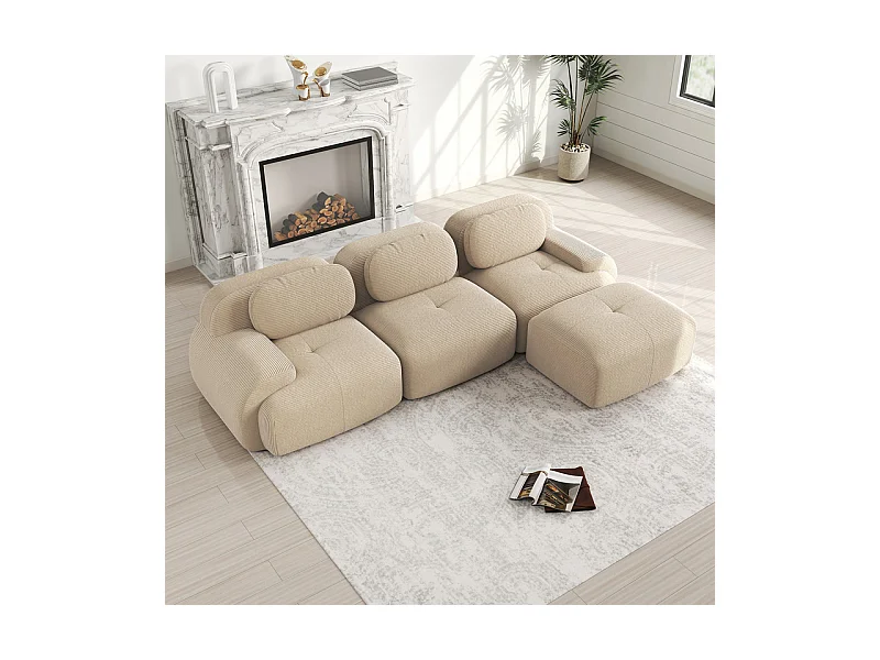 Canapé 3 places d'angle modulable - en Velours côtelé - avec 3 oreillers et pouf - 298x178x75cm - Beige