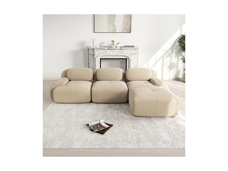 Canapé 3 places d'angle modulable - en Velours côtelé - avec 3 oreillers et pouf - 298x178x75cm - Beige