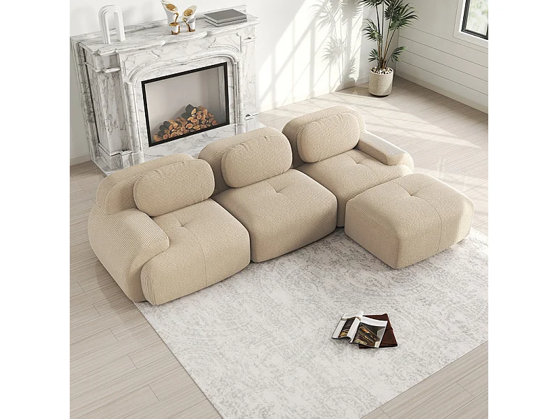Modulaire hoekbank 3-zits - van Ribfluweel - met 3 kussens en poef - 298x178x75cm - Beige