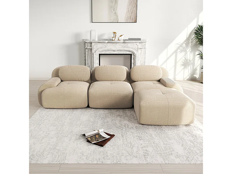 Canapé 3 places d'angle modulable - en Velours côtelé - avec 3 oreillers et pouf - 298x178x70cm - Beige