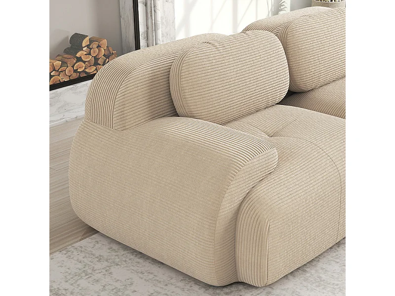 Canapé 3 places d'angle modulable - en Velours côtelé - avec 3 oreillers et pouf - 298x178x70cm - Beige