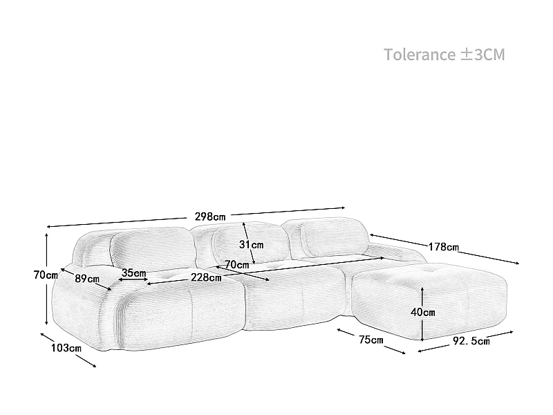 Canapé 3 places d'angle modulable - en Velours côtelé - avec 3 oreillers et pouf - 298x178x70cm - Beige