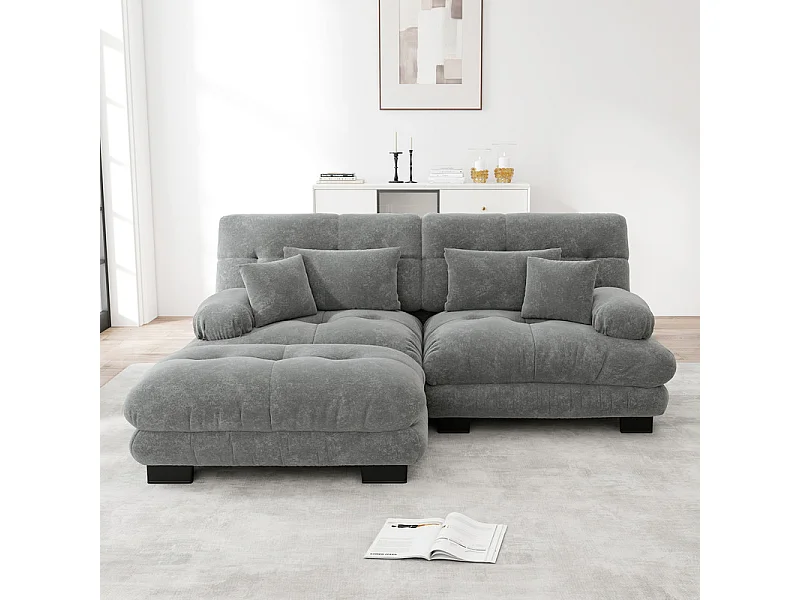 Divano angolare 2 posti in tessuto Ciniglia, con 4 cuscini, pouf removibile, combinazione DIY, 220x145x81cm, Grigio