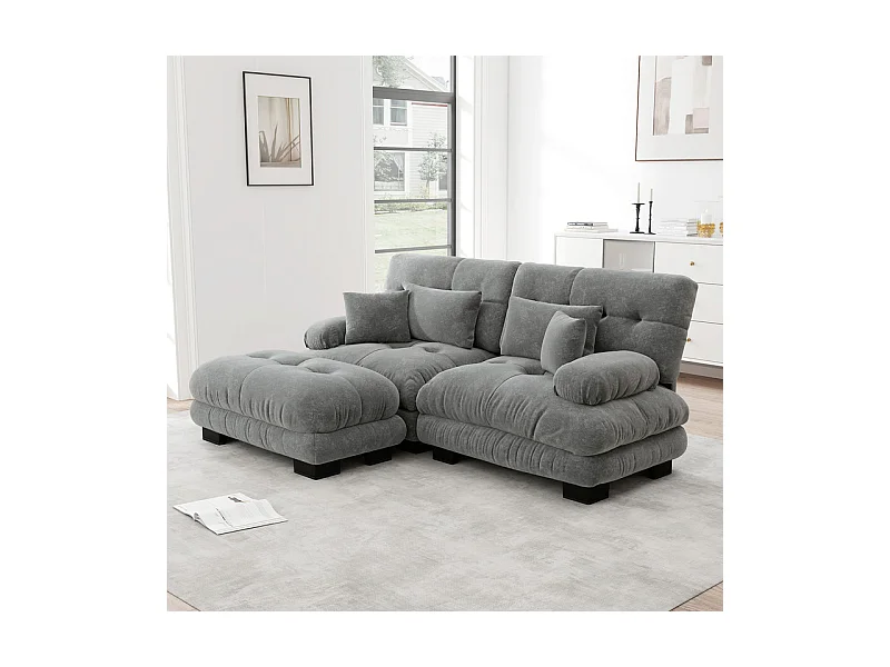 Canapé 2 places d'angle en tissu chenille, avec 4 oreillers, pouf amovible, combinaison DIY, 220x145x81cm, Gris