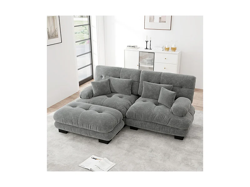 Canapé 2 places d'angle en tissu chenille, avec 4 oreillers, pouf amovible, combinaison DIY, 220x145x81cm, Gris