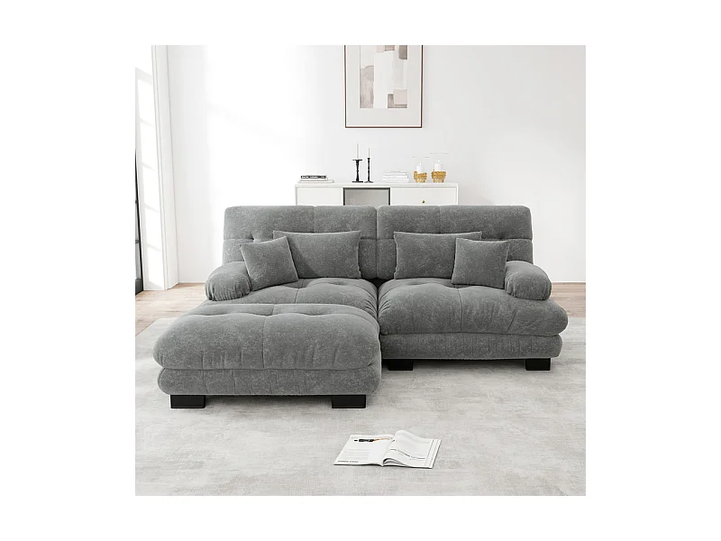 Canapé 2 places d'angle en tissu chenille, avec 4 oreillers, pouf amovible, combinaison DIY, 220x145x81cm, Gris