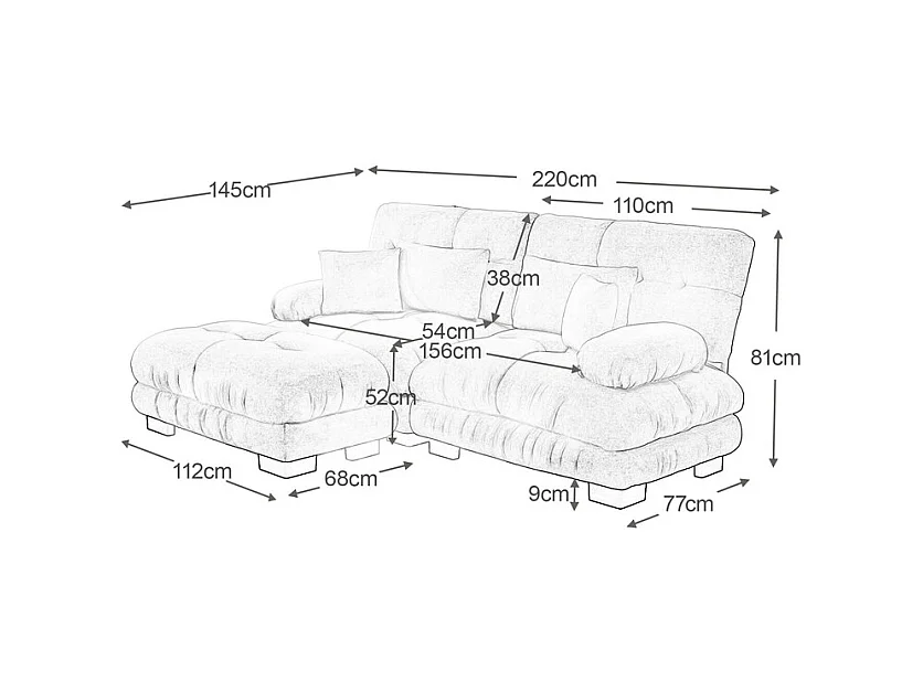 Ecksofa 2-Sitzer aus Chenille-Stoff, mit 4 Kissen, abnehmbarer Hocker, DIY-Kombination, 220x145x81cm, Grau