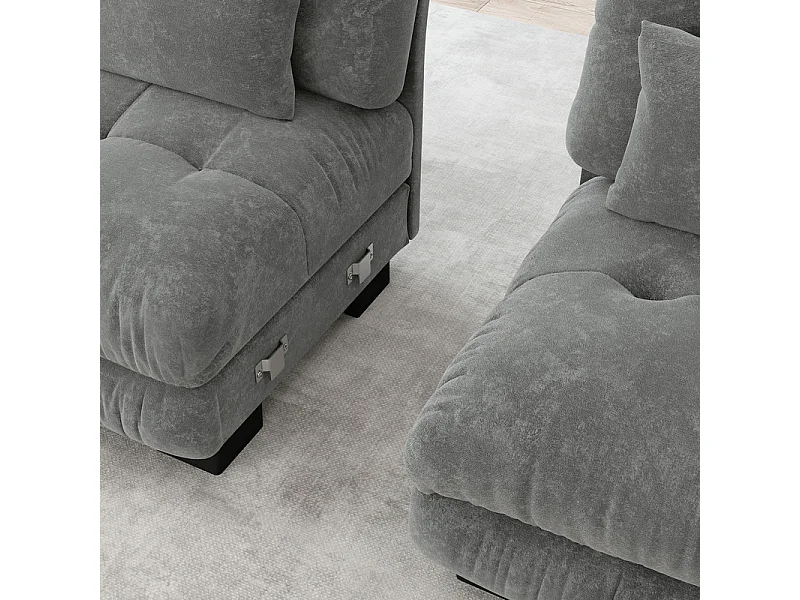 Canapé 2 places d'angle en tissu chenille, avec 4 oreillers, pouf amovible, combinaison DIY, 220x145x81cm, Gris