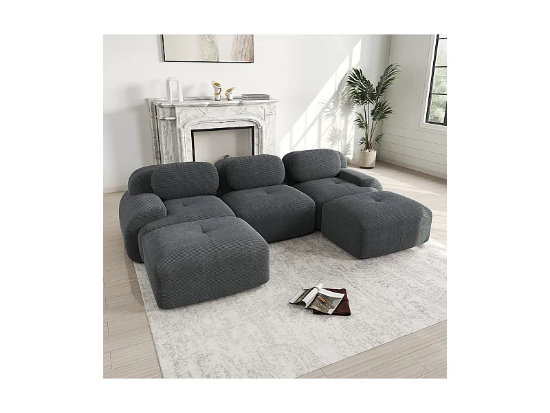 Canapé 3 places d'angle modulable - en Velours côtelé - avec 3 oreillers et 2 pouf - 298x178x75cm - Gris
