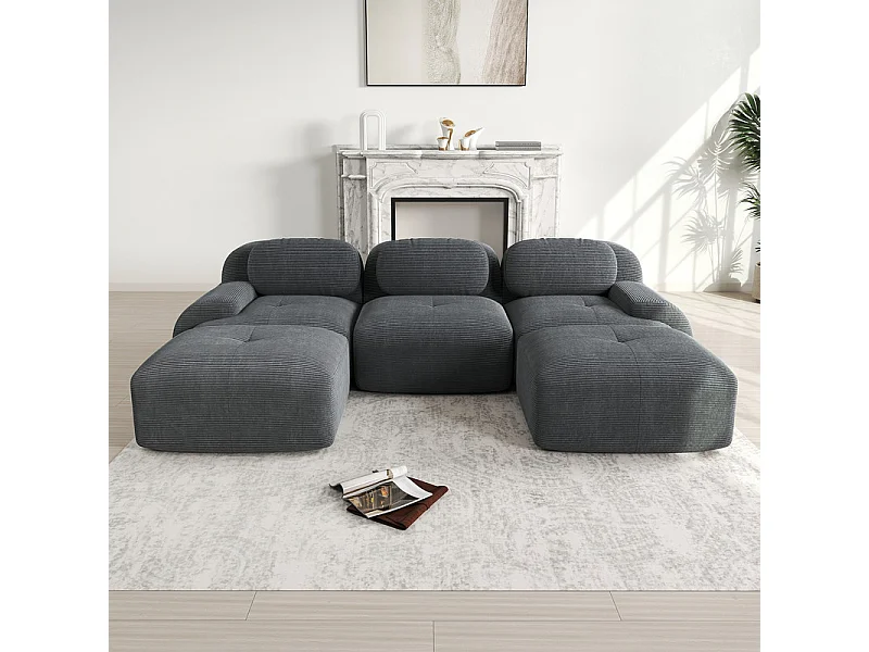 Canapé 3 places d'angle modulable - en Velours côtelé - avec 3 oreillers et 2 pouf - 298x178x75cm - Gris