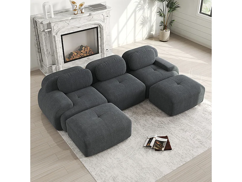 Canapé 3 places d'angle modulable - en Velours côtelé - avec 3 oreillers et 2 pouf - 298x178x75cm - Gris
