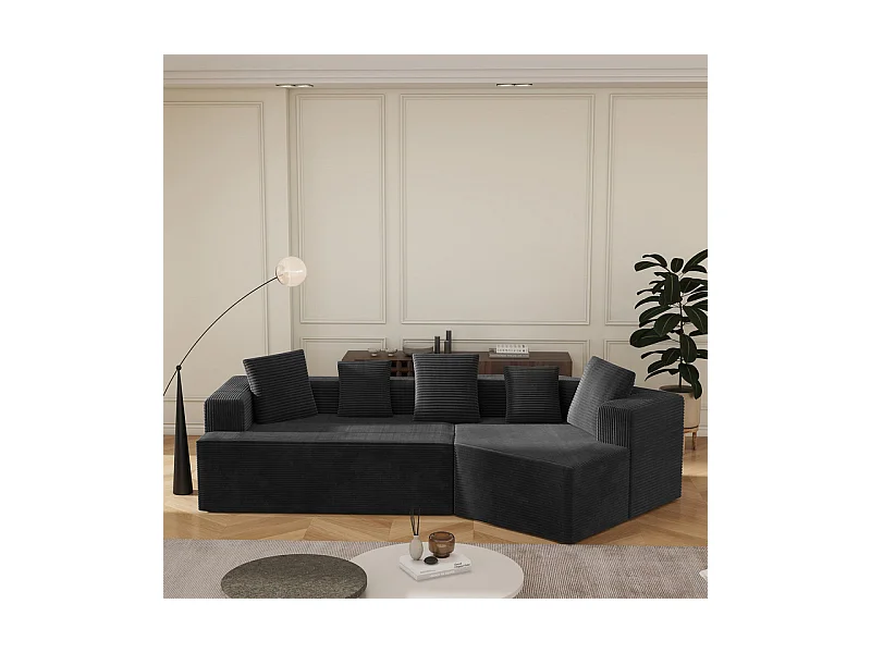 Canapé d'angle droit modulable 307cm - en Velours Côtelé grosses côtes - 3 places - avec 5 oreillers - Noir