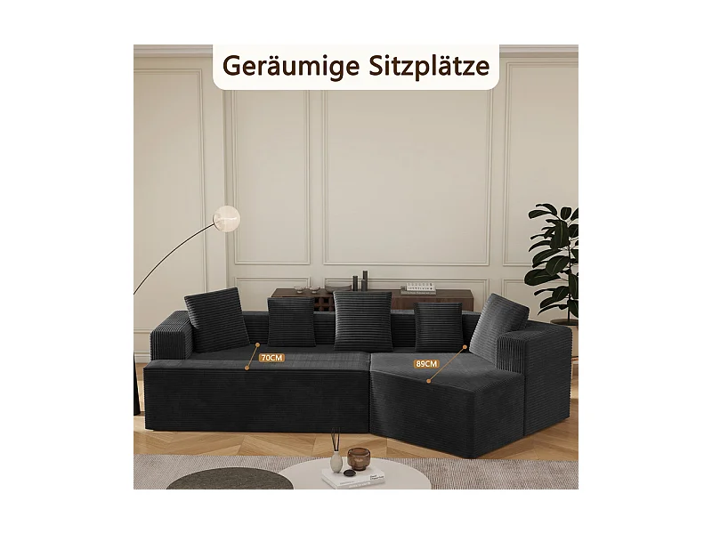 Canapé d'angle droit modulable 307cm - en Velours Côtelé grosses côtes - 3 places - avec 5 oreillers - Noir