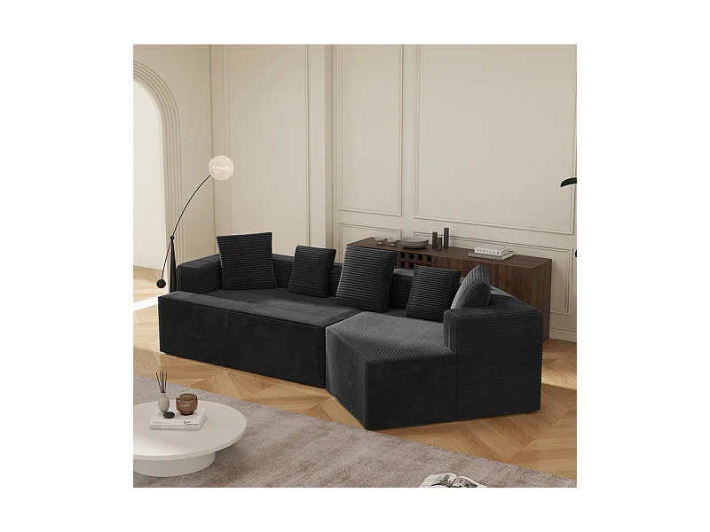 Canapé d'angle droit modulable 307cm - en Velours Côtelé grosses côtes - 3 places - avec 5 oreillers - Noir
