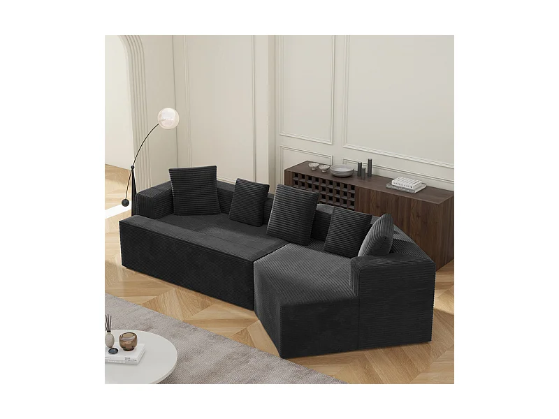 Canapé d'angle droit modulable 307cm - en Velours Côtelé grosses côtes - 3 places - avec 5 oreillers - Noir