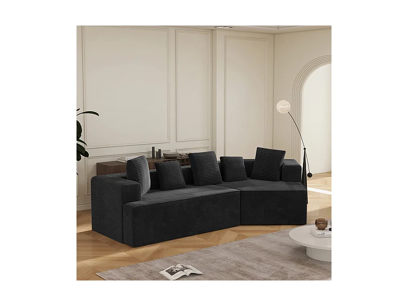 Canapé d'angle droit modulable 307cm - en Velours Côtelé grosses côtes - 3 places - avec 5 oreillers - Noir