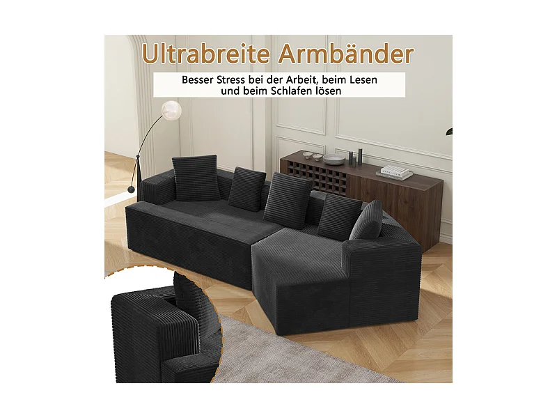 Canapé d'angle droit modulable 307cm - en Velours Côtelé grosses côtes - 3 places - avec 5 oreillers - Noir