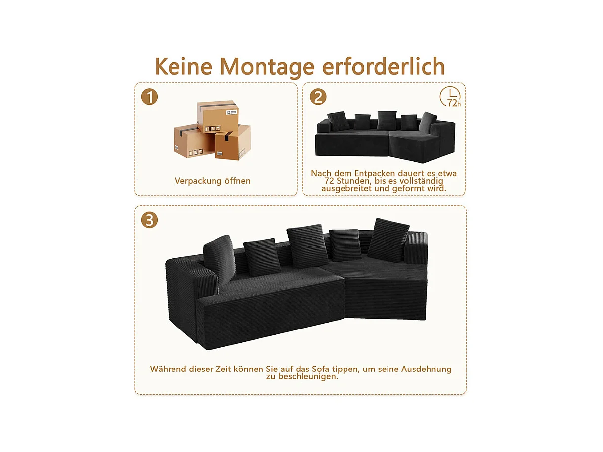 Canapé d'angle droit modulable 307cm - en Velours Côtelé grosses côtes - 3 places - avec 5 oreillers - Noir