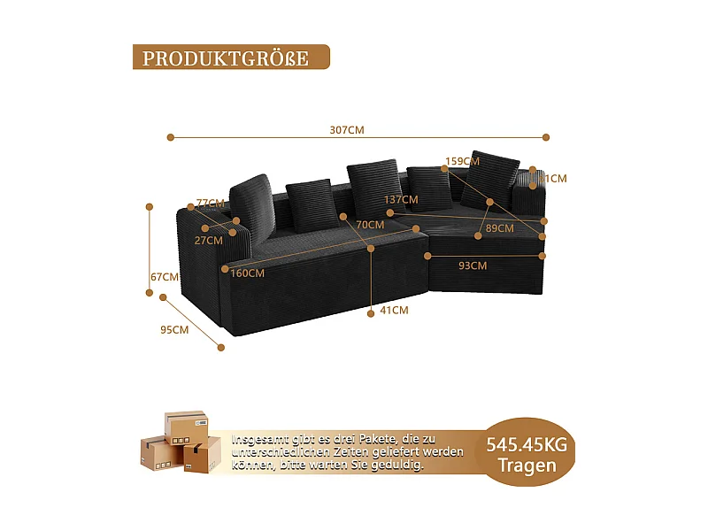 Modulares rechteckiges Ecksofa 307cm - aus Großer Rippensamt - 3-Sitzer - mit 5 Kissen - Schwarz