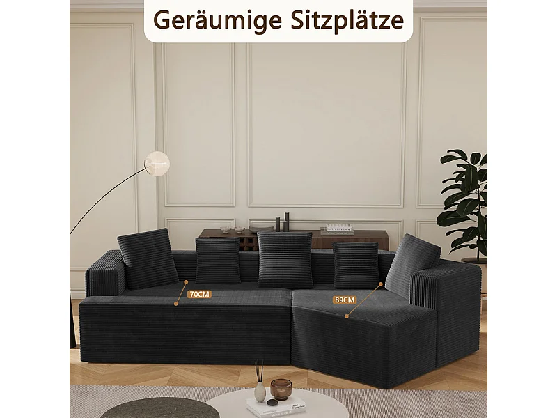 Modulaire rechte hoekbank 307cm - van Grootkeperig corduroy - 3-zits - met 5 kussens - Zwart