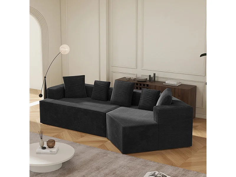 Modulaire rechte hoekbank 307cm - van Grootkeperig corduroy - 3-zits - met 5 kussens - Zwart
