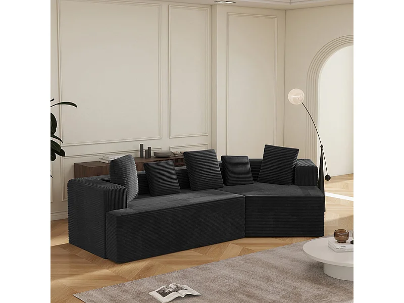 Modulaire rechte hoekbank 307cm - van Grootkeperig corduroy - 3-zits - met 5 kussens - Zwart