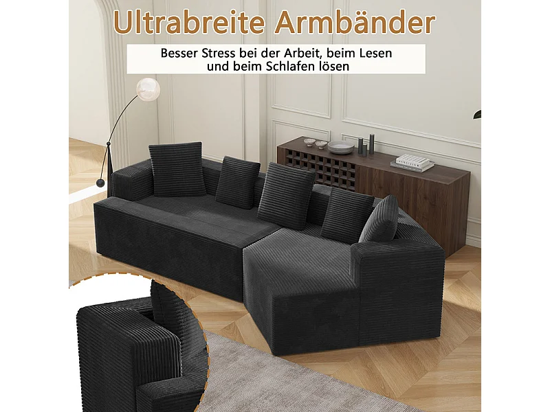 Modulaire rechte hoekbank 307cm - van Grootkeperig corduroy - 3-zits - met 5 kussens - Zwart