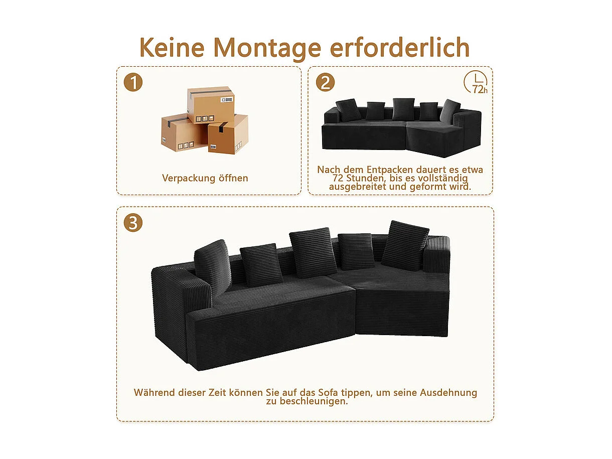 Modulaire rechte hoekbank 307cm - van Grootkeperig corduroy - 3-zits - met 5 kussens - Zwart