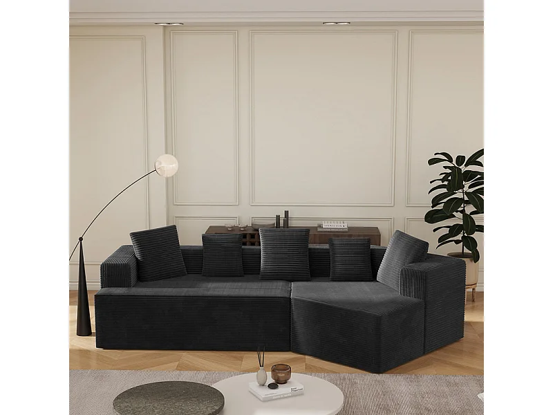 Canapé d'angle droit modulable 307cm - en Velours Côtelé grosses côtes - 3 places - avec 5 oreillers - Noir