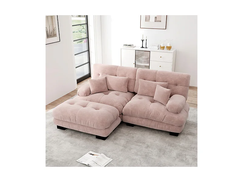 Sofá angular 2 lugares em tecido Chenille, com 4 almofadas, puff removível, combinação DIY, 220x145x81cm, Rosa