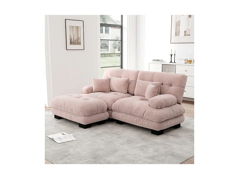 Sofá angular 2 lugares em tecido Chenille, com 4 almofadas, puff removível, combinação DIY, 220x145x81cm, Rosa