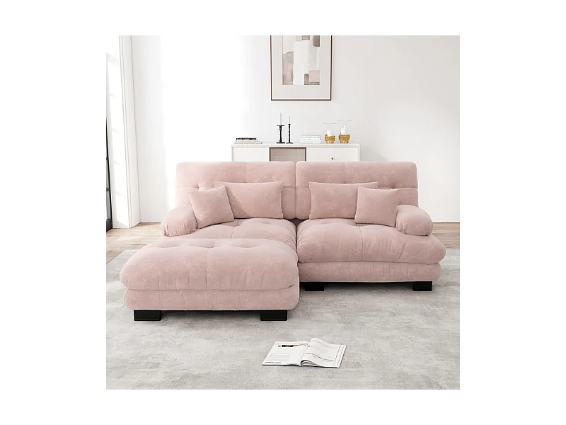 Canapé 2 places d'angle en tissu chenille, avec 4 oreillers, pouf amovible, combinaison DIY, 220x145x81cm, Rose