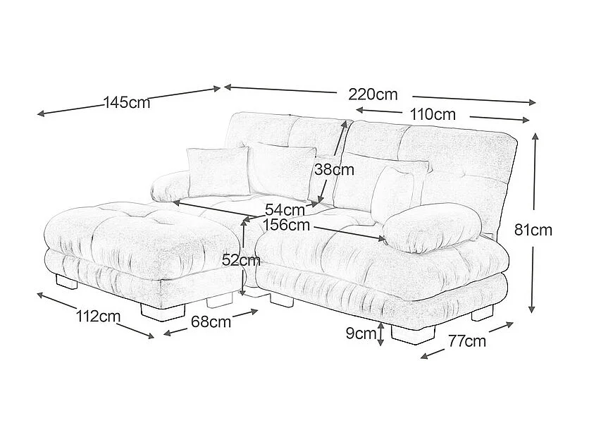 Canapé 2 places d'angle en tissu chenille, avec 4 oreillers, pouf amovible, combinaison DIY, 220x145x81cm, Rose