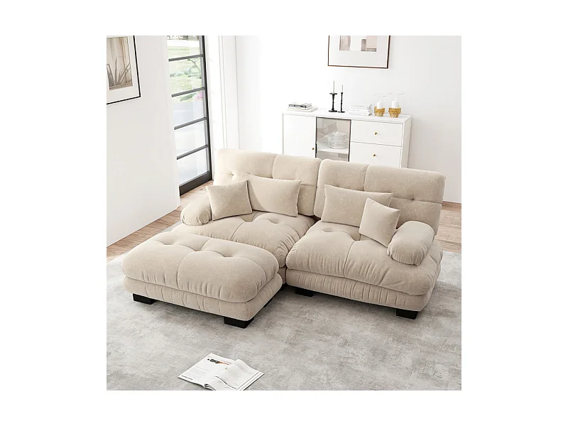 Sofá angular 2 lugares em tecido Chenille, com 4 almofadas, puff removível, combinação DIY, 220x145x81cm, Bege