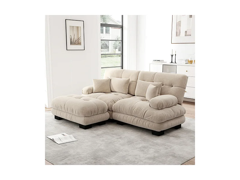 Sofá angular 2 lugares em tecido Chenille, com 4 almofadas, puff removível, combinação DIY, 220x145x81cm, Bege