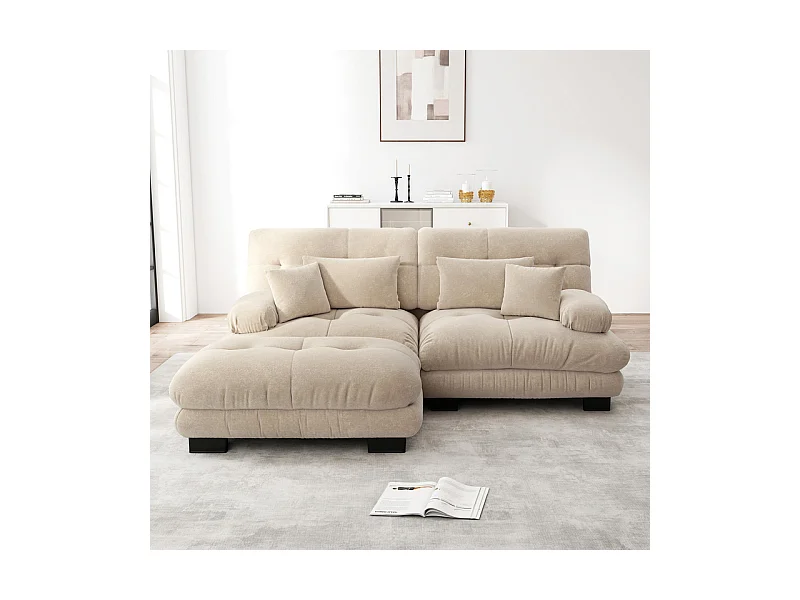 Canapé 2 places d'angle en tissu chenille, avec 4 oreillers, pouf amovible, combinaison DIY, 220x145x81cm, Beige