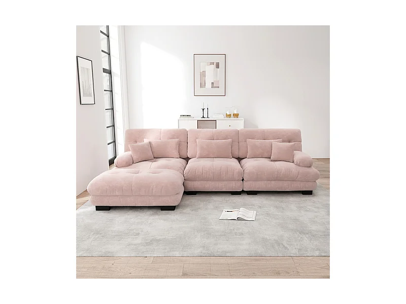 Canapé 3 places d'angle en tissu chenille, avec 5 oreillers, pouf amovible, combinaison DIY, 313x145x81cm, Rose