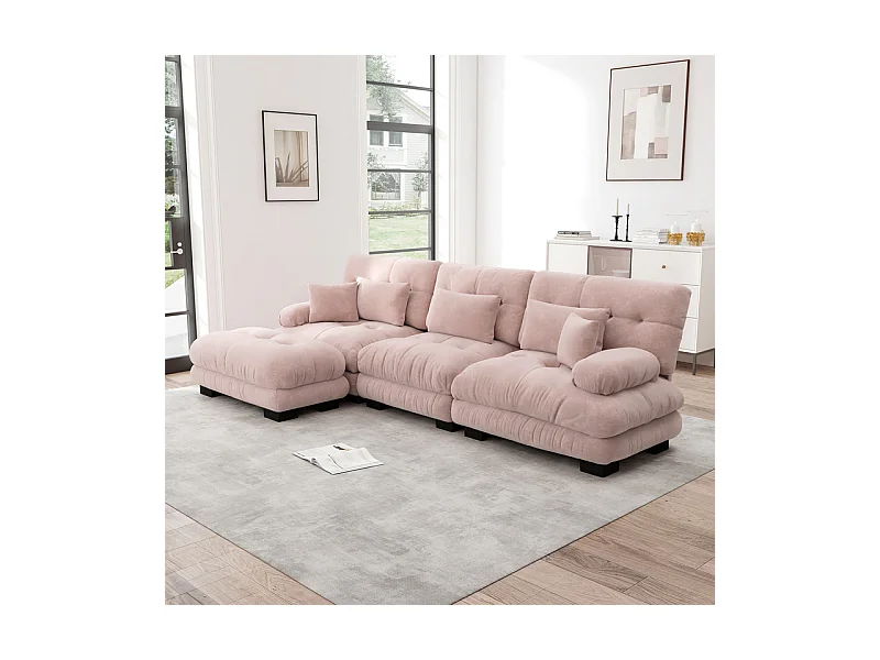 Canapé 3 places d'angle en tissu chenille, avec 5 oreillers, pouf amovible, combinaison DIY, 313x145x81cm, Rose