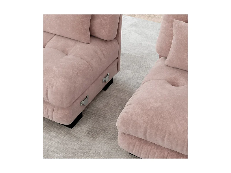 Canapé 3 places d'angle en tissu chenille, avec 5 oreillers, pouf amovible, combinaison DIY, 313x145x81cm, Rose