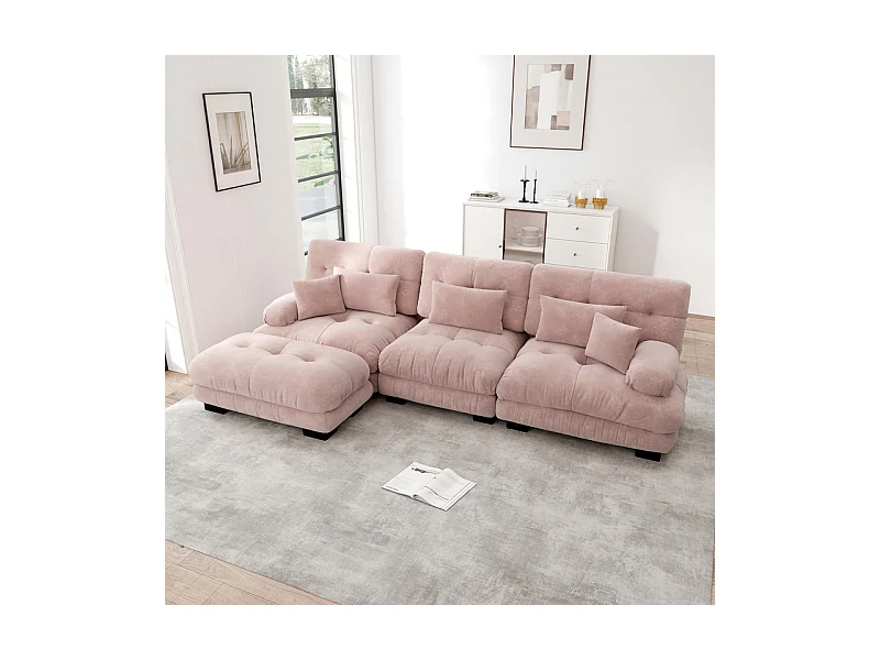 Canapé 3 places d'angle en tissu chenille, avec 5 oreillers, pouf amovible, combinaison DIY, 313x145x81cm, Rose