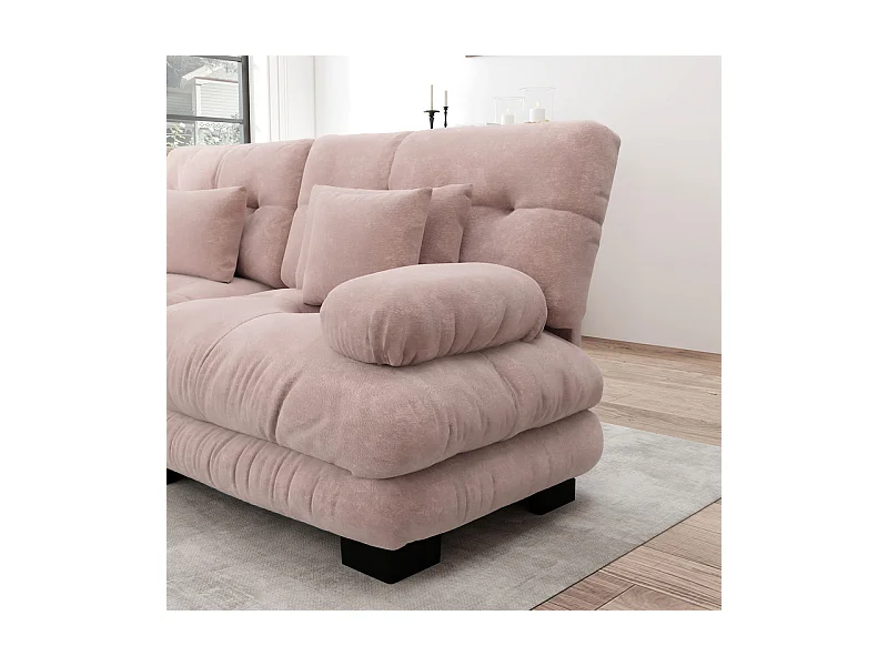 Canapé 3 places d'angle en tissu chenille, avec 5 oreillers, pouf amovible, combinaison DIY, 313x145x81cm, Rose