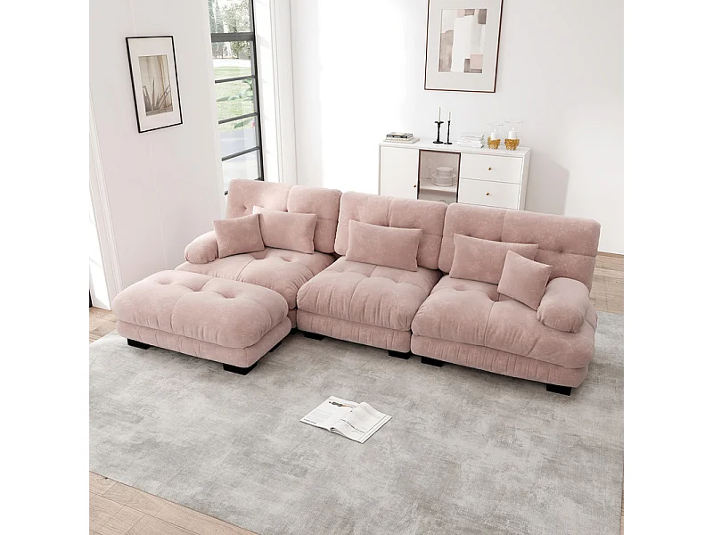 Canapé 3 places d'angle en tissu chenille, avec 5 oreillers, pouf amovible, combinaison DIY, 313x145x81cm, Rose