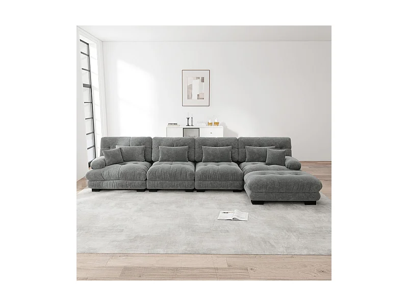 Hoekbank 4-zits van Chenille stof, met 6 kussens, verwijderbare poef, DIY-combinatie, 406x145x81cm, Beige